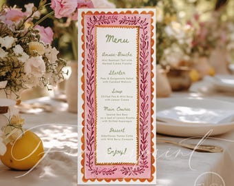Pink Floral Menu Template, Hand drawn, Printable Dinner Menu, Editable Template, INSTANT DOWNLOAD, Colorful Whimsical Menu Template R25