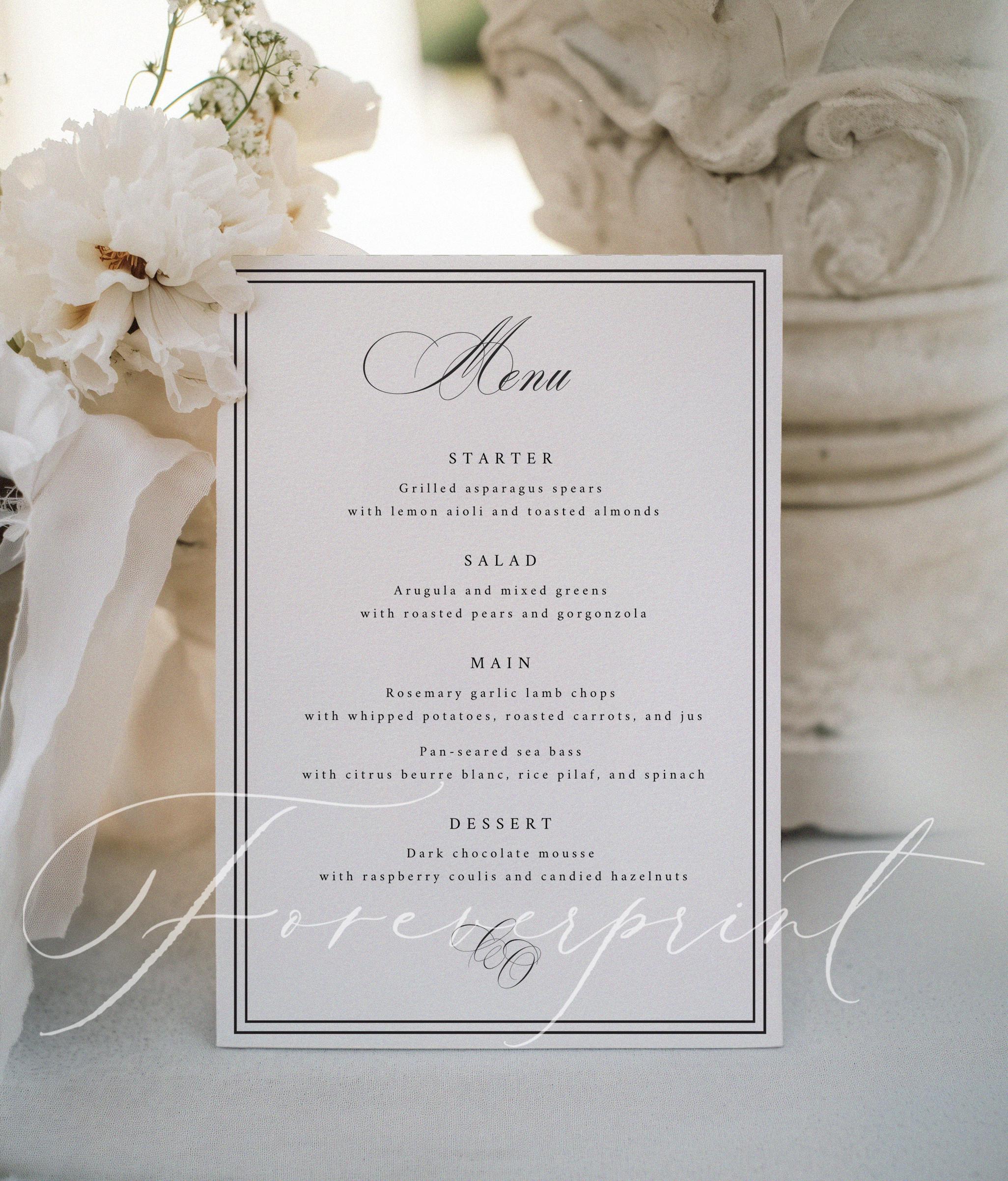 Elegant Wedding Menu Template, Formal Dinner Menu, Classic Black ...