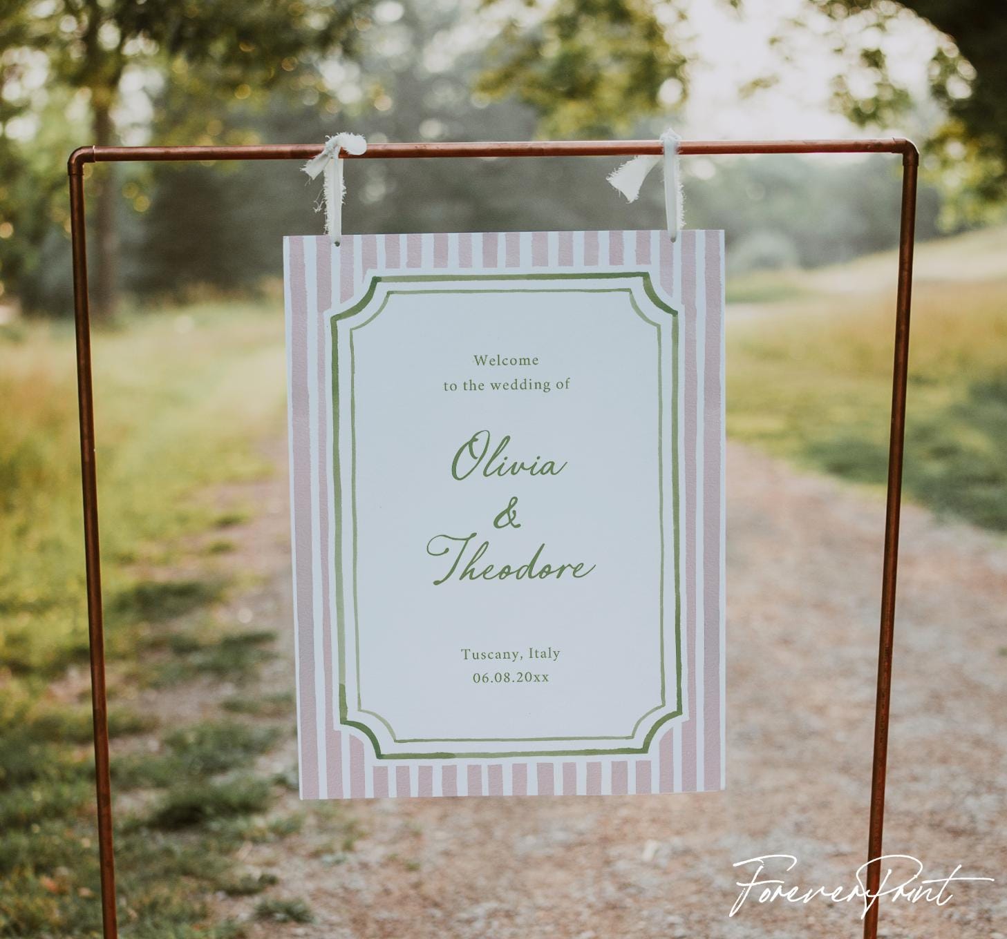 Pink Striped Wedding Welcome Sign Template, Watercolor Border Sign, Editable Canva Poster, Elegant Whimsical Entrance Sign Printable N25
