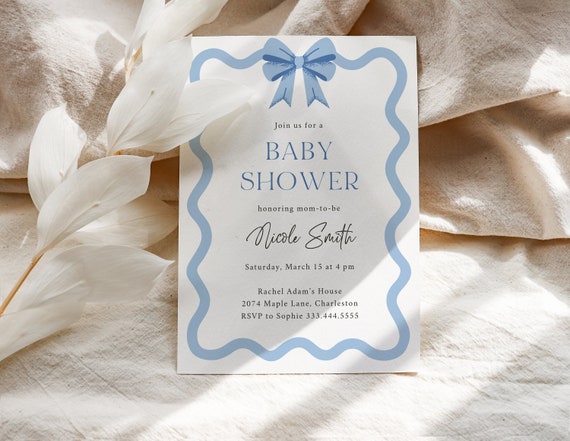 Editable Blue Bow Baby Shower Invitation, Baby Boy Shower Invite, Blue Baby Shower, Sweet Baby Boy, Curvy Waves Invitation K12