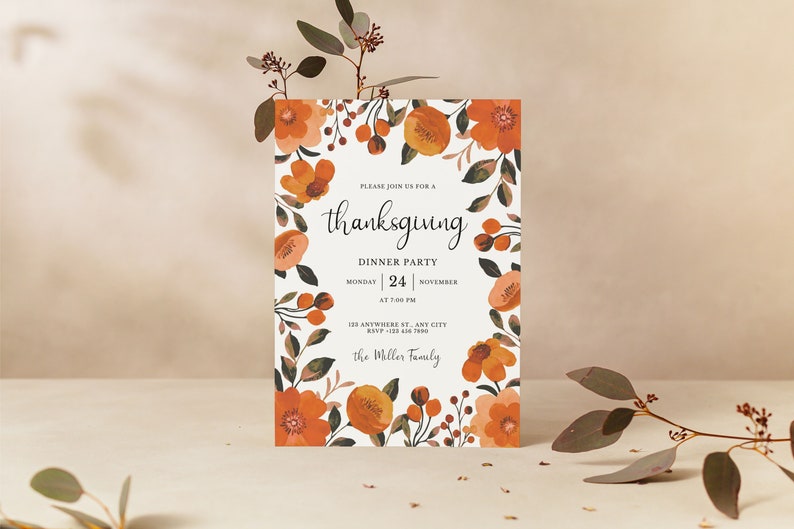 Thanksgiving Invitation, Thanksgiving Dinner Invitation, Floral Party Invitation, Printable Thanksgiving Invite, Instant Download, Botanic image 4