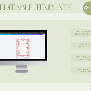 May include: A computer monitor displays a DIY editable template for a baby shower invitation. The design features pink stripes and floral accents. Text on the screen reads "Baby Shower" and other details. Additional text on the image includes "Canva" and instructions.