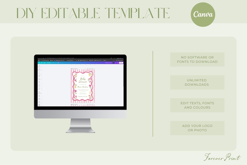 May include: A computer monitor displays a DIY editable template for a baby shower invitation. The design features pink stripes and floral accents. Text on the screen reads "Baby Shower" and other details. Additional text on the image includes "Canva" and instructions.