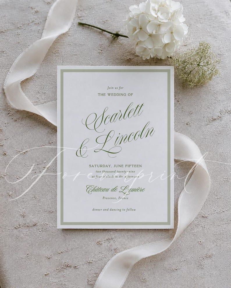 May include: A wedding invitation with the names "Scarlett & Lincoln" in elegant script. The invitation is white with a pale green border and text. A white ribbon and white flowers are arranged around the invitation.