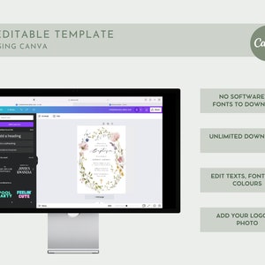 Peut inclure: Un &eacute;cran d'ordinateur affichant un mod&egrave;le de conception Canva pour une invitation de bapt&ecirc;me. Le mod&egrave;le pr&eacute;sente une couronne florale avec une croix dor&eacute;e et le mot "Bapt&ecirc;me" en &eacute;criture &eacute;l&eacute;gante. L'&eacute;cran affiche &eacute;galement les outils d'&eacute;dition Canva, y compris des options pour ajouter du texte, des images et d'autres &eacute;l&eacute;ments.
