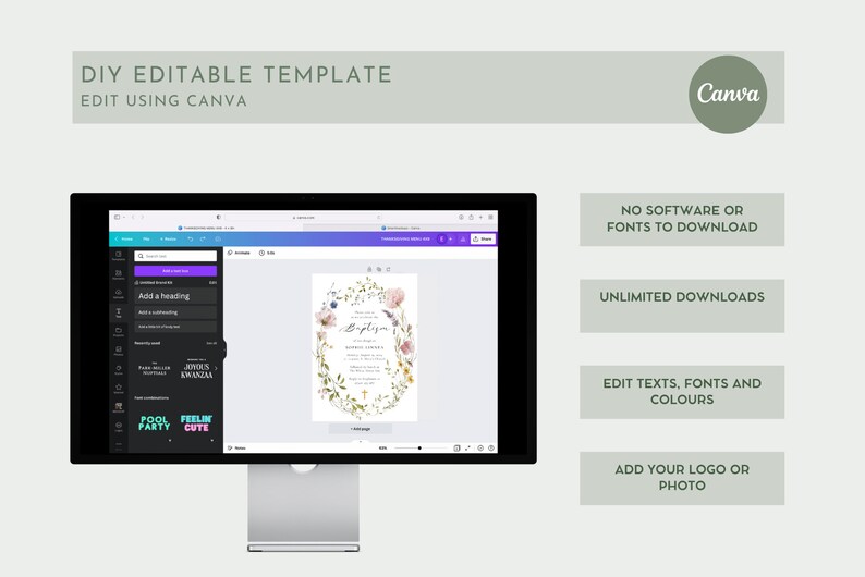 Peut inclure: Un &eacute;cran d'ordinateur affichant un mod&egrave;le de conception Canva pour une invitation de bapt&ecirc;me. Le mod&egrave;le pr&eacute;sente une couronne florale avec une croix dor&eacute;e et le mot "Bapt&ecirc;me" en &eacute;criture &eacute;l&eacute;gante. L'&eacute;cran affiche &eacute;galement les outils d'&eacute;dition Canva, y compris des options pour ajouter du texte, des images et d'autres &eacute;l&eacute;ments.