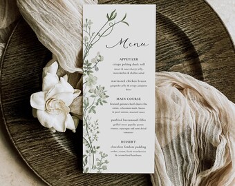 Greenery menu template, Garden party menu, White flowers event menu, Wedding menu, Green Modern Floral | INSTANT DOWNLOAD, MK1