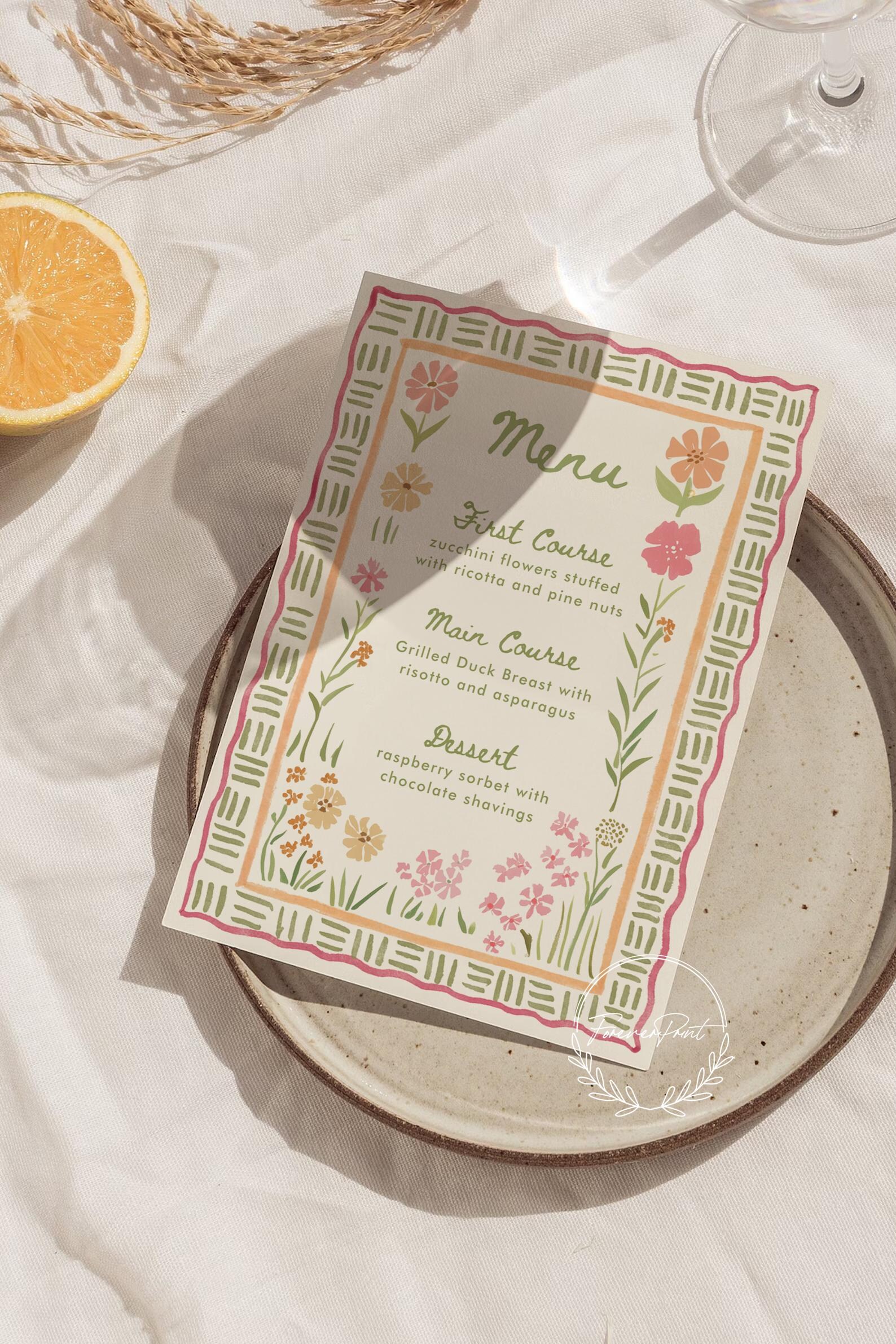 Colorful Floral Spring Menu Template, Hand Drawn, Printable Dinner Menu ...