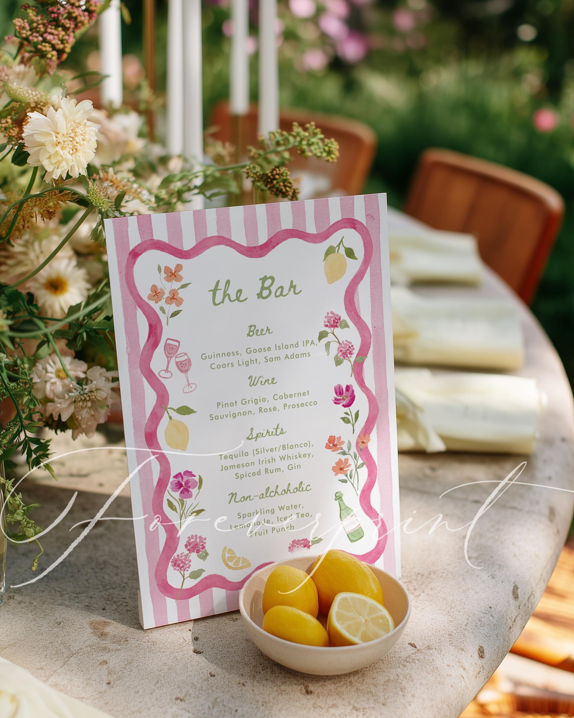 Menu Sign Pink Pink Floral Bar Menu Template, Hand Drawn Watercolor, Printable Bar ...