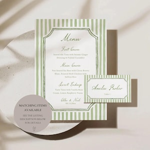 May include: A menu and place card set with a green and white striped design. The menu lists a three-course meal, and the place card displays the name "Amelia Parker". A circular graphic states "Matching Items Available".