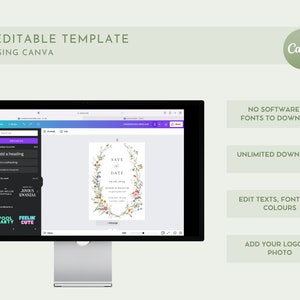K&ouml;nnte beinhalten: Ein Computerbildschirm zeigt eine Canva-Designvorlage f&uuml;r eine Save-the-Date-Karte. Die Karte zeigt einen floralen Kranz mit dem Text "Save the Date" in wei&szlig;er Schrift. Der Bildschirm zeigt auch eine Seitenleiste mit Optionen zum Bearbeiten des Designs.