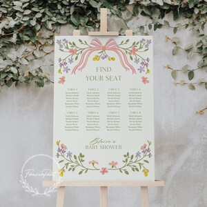 May include: A floral-themed seating chart for a baby shower with a pink bow and the text "Find Your Seat". The chart lists tables 1 through 8 with names for each guest.