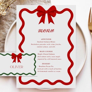 Christmas Menu Place Cards Template, Curvy Waves Menu, Printable Christmas Menu, Editable Template, Table Cards, Name Cards, Bow, CC2 image 7