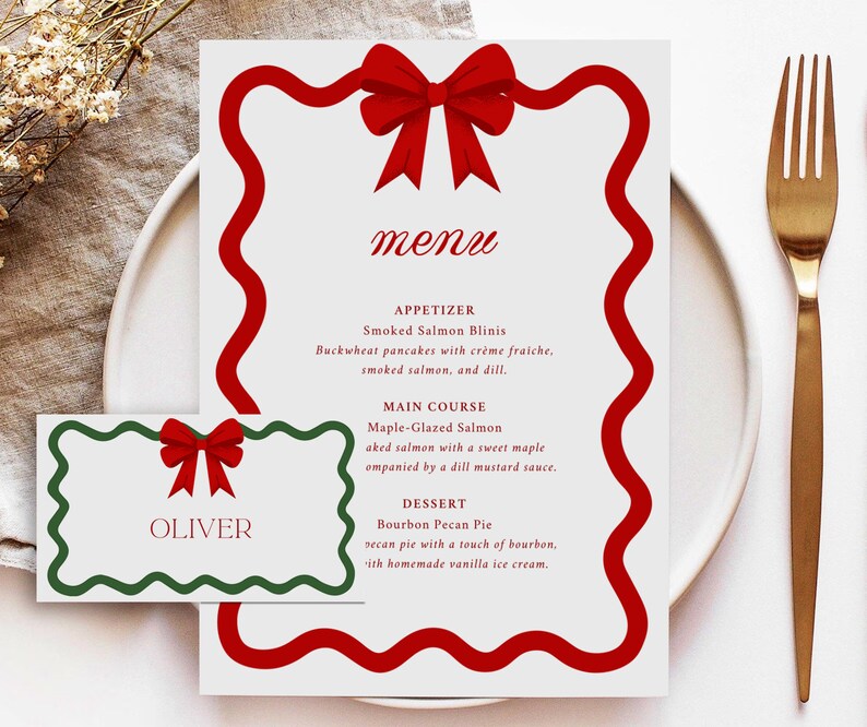 Christmas Menu Place Cards Template, Curvy Waves Menu, Printable Christmas Menu, Editable Template, Table Cards, Name Cards, Bow, CC2 image 7