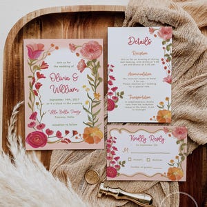 Pink Floral Wedding Invitation Template, Romantic Wedding Invitation Suite, Whimsical Blush Invitation, Instant Download, Printable DAGNY