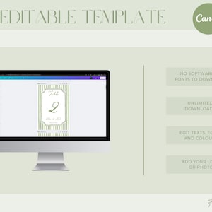 May include: A computer monitor displays a DIY editable template for a table number. The design features a green and white striped background with a decorative frame. Text on the screen reads "Table 2". Additional text on the screen reads "No software or fonts to download".