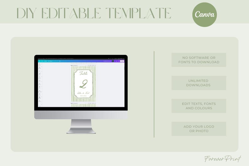 May include: A computer monitor displays a DIY editable template for a table number. The design features a green and white striped background with a decorative frame. Text on the screen reads "Table 2". Additional text on the screen reads "No software or fonts to download".
