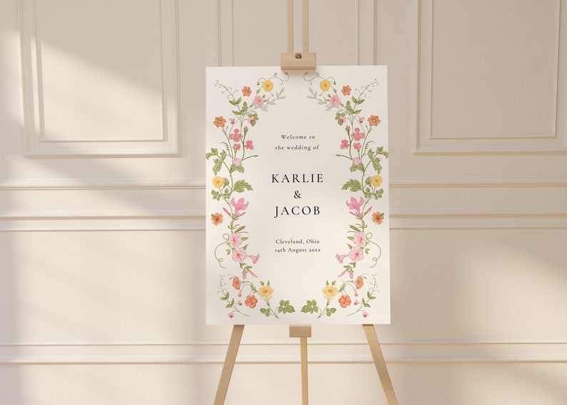 May include: A white wedding welcome sign with a floral border. The sign reads "Welcome to the wedding of Karlie & Jacob, Cleveland, Ohio, 14th August 2023."