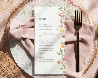 Wildflower menu template, Garden party bridal shower menu, Boho flowers event menu, Wedding menu, Pink Floral | INSTANT DOWNLOAD, KARLIE