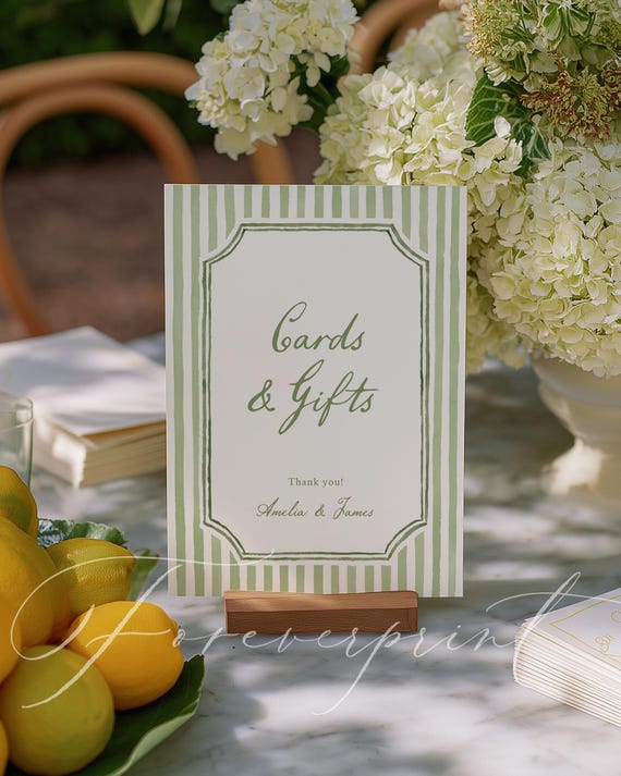 Sage Green Cards and Gifts Sign Template, Elegant Watercolor Stripes, Wedding Table Sign Printable, Editable, Bridal Shower Gift Sign 021