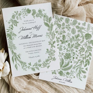 Green Leaves Wedding Invitation Template, Printable Wedding Invitation Green Wildflowers Wreath, Garden Floral Invitation, Sage Greenery GR1