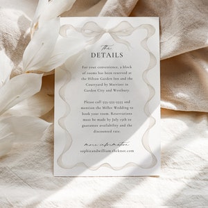 Cartão de detalhes do casamento com laço bege, detalhes do casamento, modelo editável, fita bege, cartão de anexo, inserção de detalhes, cartão de acomodação BB24