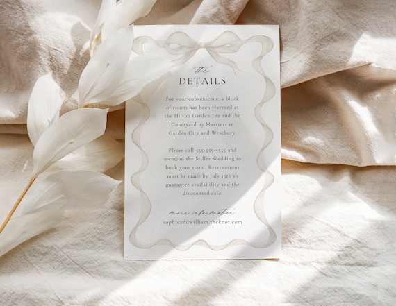 Beige Bow Wedding Details Card, Wedding Details, Editable Template, Beige Ribbon, Enclosure Card, Details Insert, Accommodation Card BB24