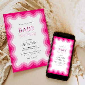 May include: Pink and white baby shower invitation with a wavy border. The invitation says "Please join us for a baby shower honoring Sophie Miller" and includes the date, time, location, and RSVP information.