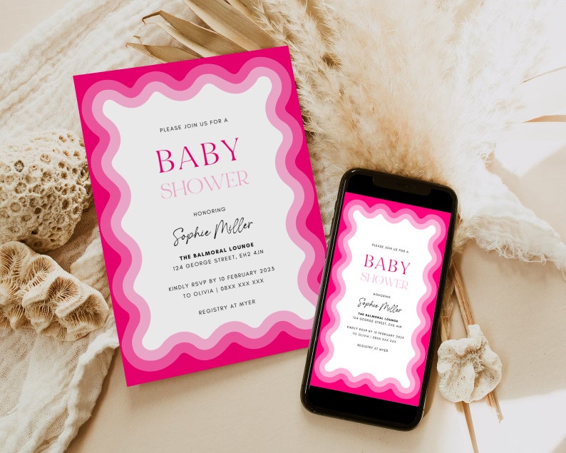 May include: Pink and white baby shower invitation with a wavy border. The invitation says "Please join us for a baby shower honoring Sophie Miller" and includes the date, time, location, and RSVP information.