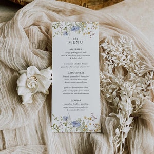 Plantilla de menú de flores silvestres, menú de despedida de soltera de fiesta en el jardín, menú de flores campestres, menú de bodas, menú floral azul / DESCARGA INSTANTE, BELLA