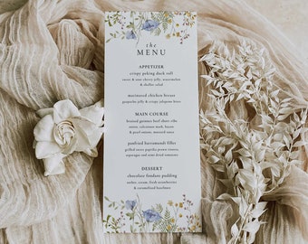 Wildflower menu template, Garden party bridal shower menu, Country Flowers menu, Wedding menu, Blue Floral Menu | INSTANT DOWNLOAD, BELLA