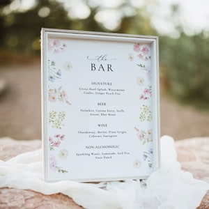Segno del menu del bar con fiori selvatici pastello, segno delle bevande stampabili, menu del bar modificabile, menu delle bevande esclusive, cocktail, matrimonio in giardino floreale KIARA