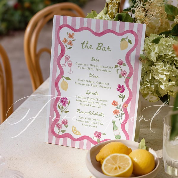 Pink Floral Bar Menu Template, Hand drawn Watercolor, Printable Bar Sign, Editable Template, Signature Drinks Menu, Wavy Pink Stripes