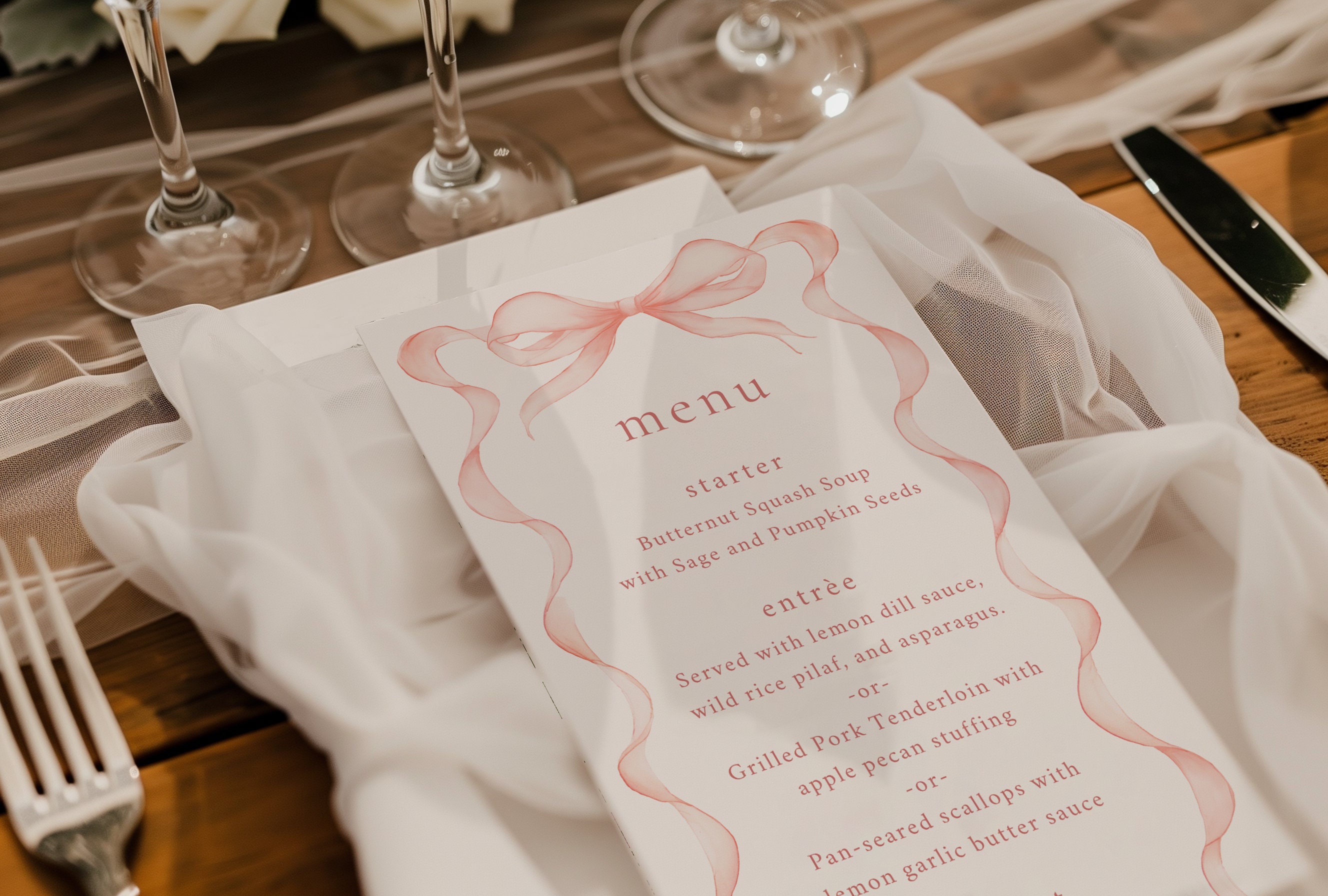 Pink Bow Menu Template, Ribbon Bow, Wedding/bridal Shower Menu ...