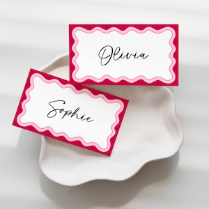 Marque-places sinueux, cartes de visite colorées, bordure ondulée, rouge et rose, sinueux, modèle imprimable, modifiable, menu, cartes pliées, EH9