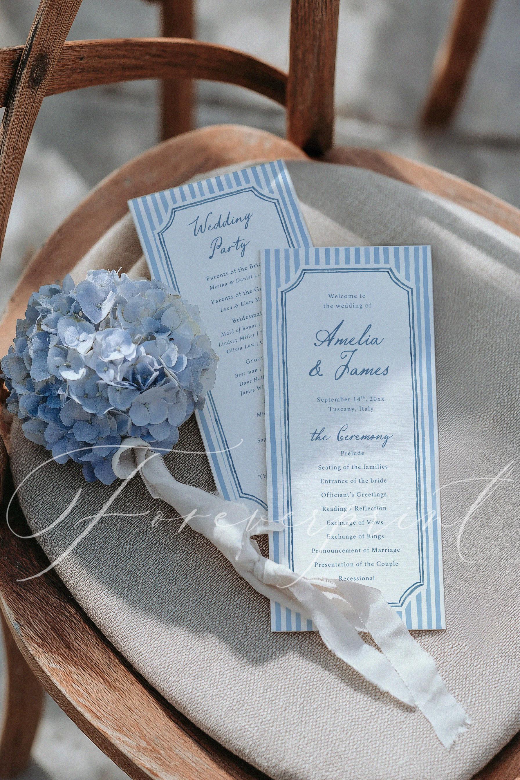 Blue Striped Wedding Program Template, Classic Ceremony Itinerary ...