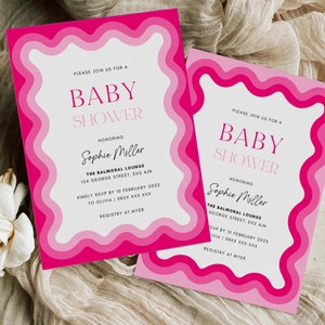 May include: Pink and white baby shower invitation with a wavy border. The invitation says "Please join us for a baby shower honoring Sophie Miller" and includes the location, date, and RSVP information.