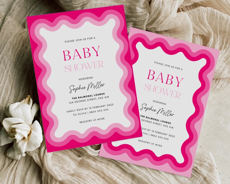 May include: Pink and white baby shower invitation with a wavy border. The invitation says "Please join us for a baby shower honoring Sophie Miller" and includes the location, date, and RSVP information.