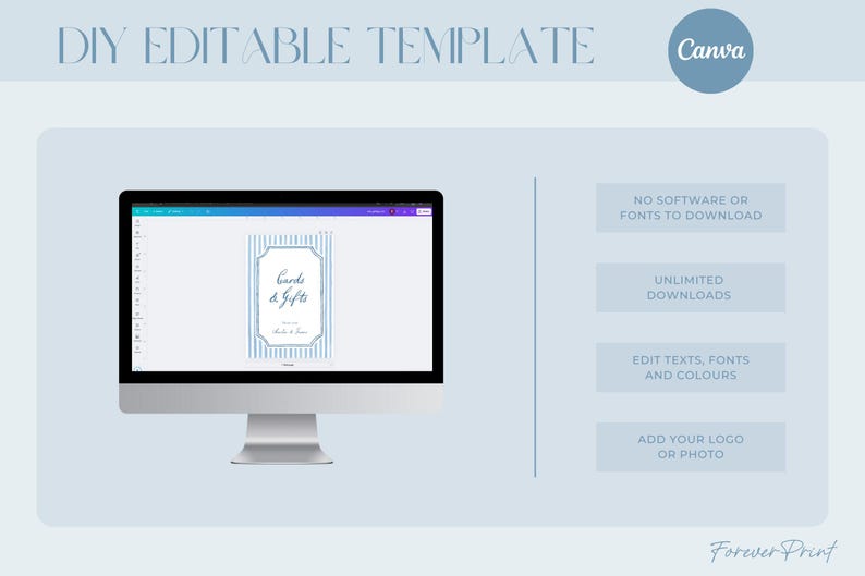 Pu&ograve; includere: Un monitor di computer mostra un modello modificabile fai-da-te per biglietti e regali. Il modello presenta un design a righe blu e bianche con il testo "Cards & Gifts". Il testo include "Nessun software o font da scaricare" e "Download illimitati".
