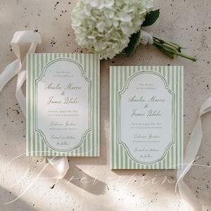 May include: Two wedding save-the-date cards with green and white striped patterns. The cards display the names "Amelia Morris & James Blake." A bouquet of white flowers and a white ribbon are also visible in the image.