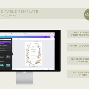 May include: A computer screen displaying a Canva design template for a wedding invitation. The template features a floral wreath with the text "Sophie & William" in the center. The screen also shows the Canva interface with tools for editing text, fonts, and colors.