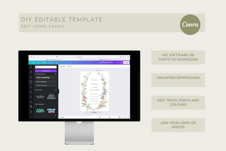 May include: A computer screen displaying a Canva design template for a wedding invitation. The template features a floral wreath with the text "Sophie & William" in the center. The screen also shows the Canva interface with tools for editing text, fonts, and colors.