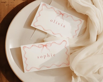 Pink Bow Place Cards, Bow Name Cards, Ribbon Border, Curvy, Whimsical, Printable Name Cards, Digital Template, Table Cards, Blush Pink 012