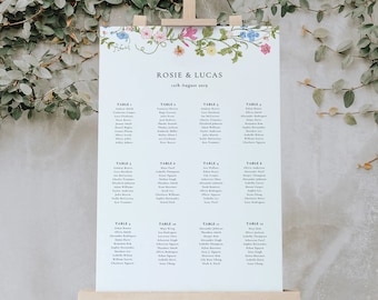 Tabla de asientos de boda de flores silvestres, plan de mesa de boda imprimible, plan de boda, boda de flores silvestres boho, mesa de flores silvestres de boda pastel ROSIE