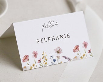 Floral Place Cards Template, Printable Place Cards, Wedding Name Cards, Wildflowers Wedding, Pink Flowers Table Card, Floral Name Card EH1