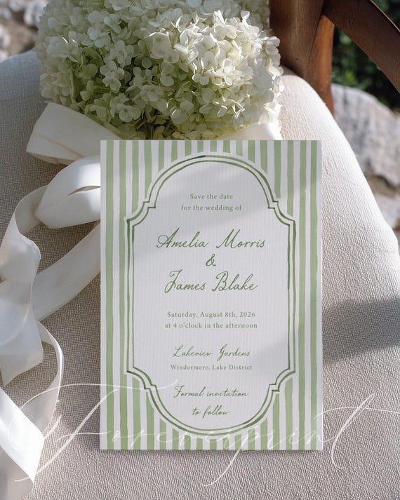 Green Stripe Save the Date Template, Editable Wedding Invitation, Elegant Script, Classic Preppy Design, Printable Instant Download 021