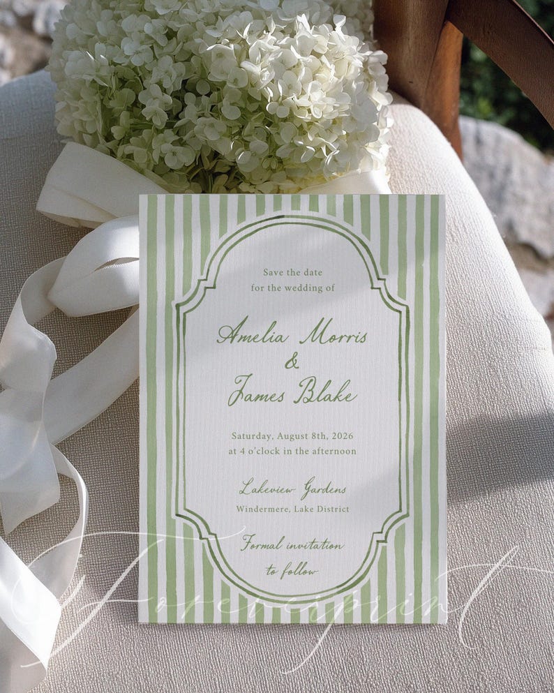 May include: A wedding invitation with a green and white striped design. The invitation states "Save the date for the wedding of Amelia Morris & James Blake" and includes the wedding details for August 8th, 2026, at Lakeview Gardens.