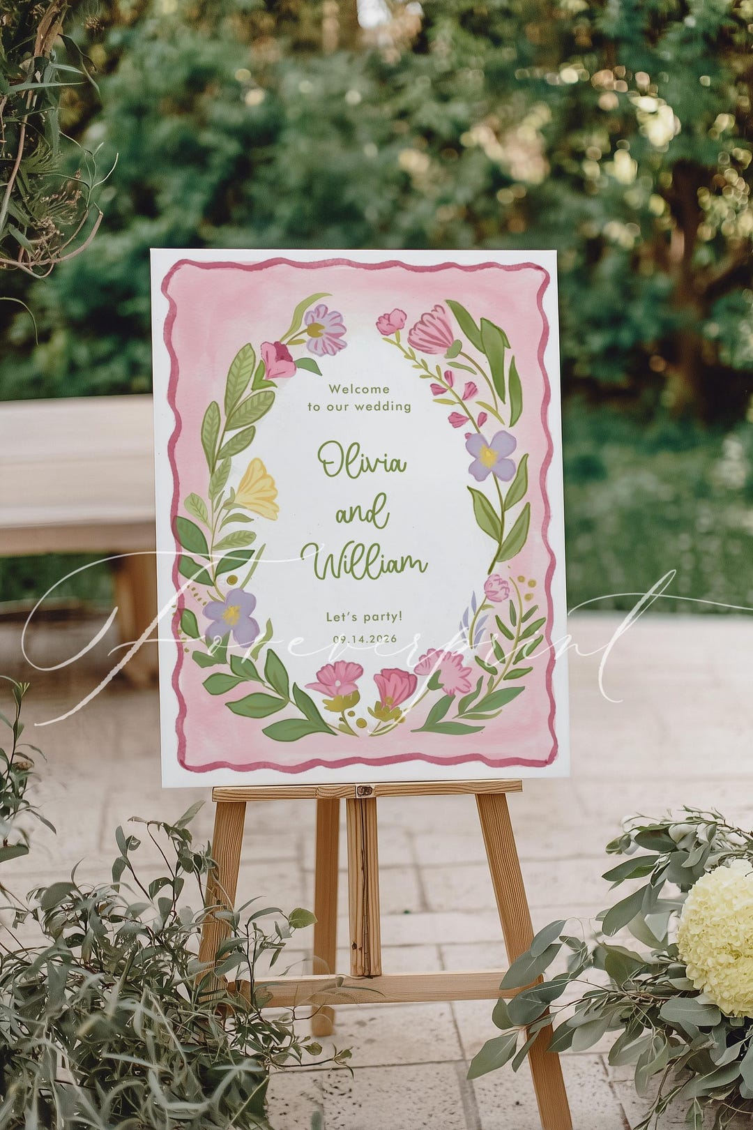 Pink Floral Wedding Welcome Sign Template, Colorful Watercolor Wreath ...