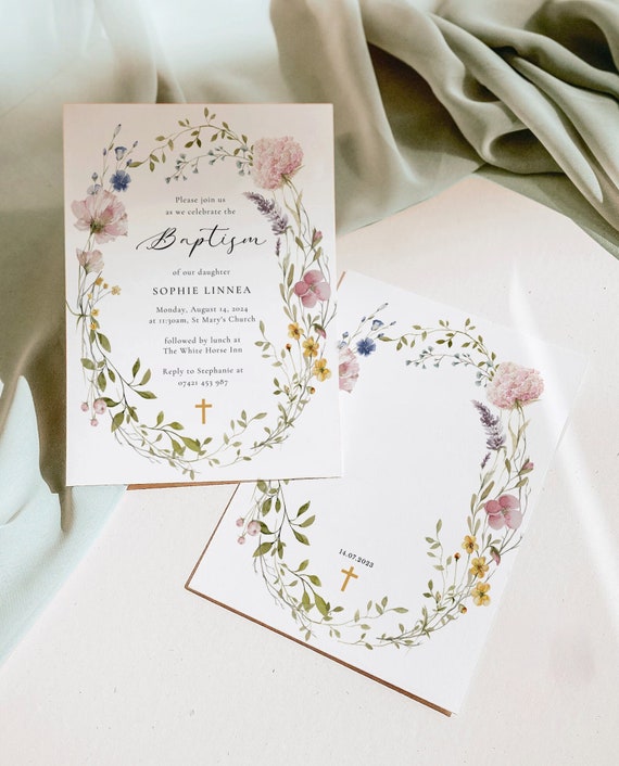 Baptism Invitation Template, Instant Download, Printable Baptism Invite, Editable Invitation, Wildflower Baptism, Baptism Invitation