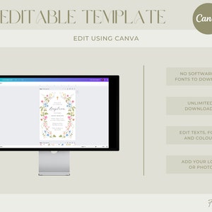 Puede incluir: Una pantalla de ordenador que muestra una plantilla de Canva para una invitaci&oacute;n de bautismo. La invitaci&oacute;n presenta una corona de flores con la palabra "Bautismo" en letra cursiva. El texto en la pantalla dice "Plantilla editable DIY, Editar con Canva, Sin software o fuentes para descargar, Descargas ilimitadas, Editar textos, fuentes y colores, Agregar su logotipo o foto, Forever Print".